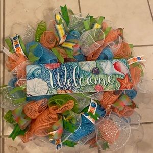 Seashell Welcome wreath hand made blue green coral
